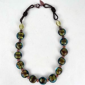 Coldwater Creek Necklace 21" Long Green-Blue Iridescent Art Glass Bead Marked